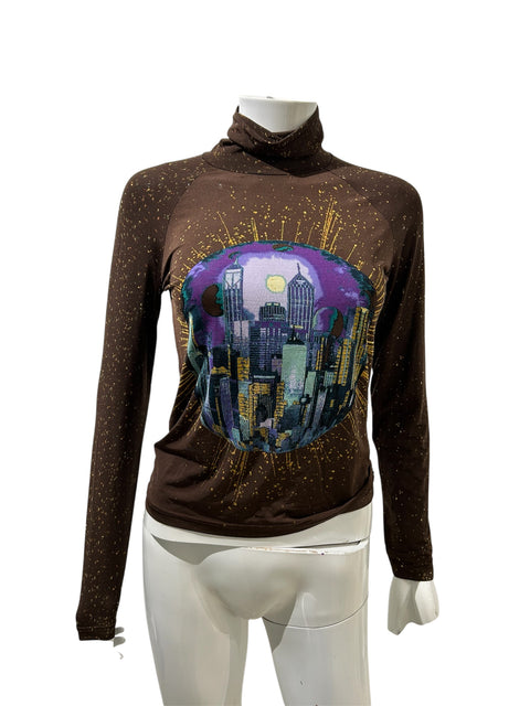 Kenzo Brown and Purple City Print Turtle Neck Top