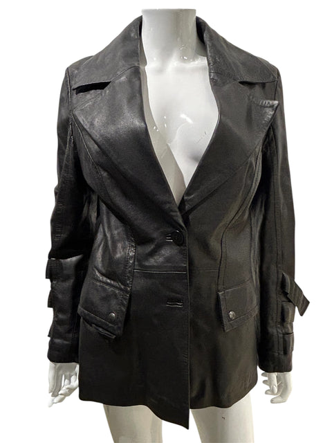 Italian Black Leather Buckles Sleeve Jacket