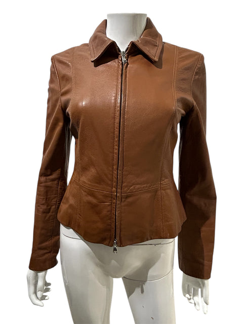 Sisley Camel Leather Zip Slim Jacket