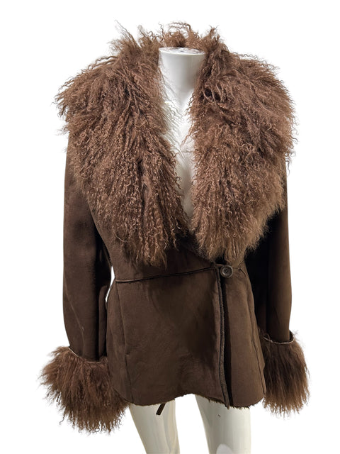 Derhy Brown Lamb Real Fur Collar and Sleeve Jacket