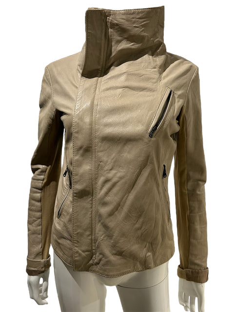 Italian Beige Leather Motor Style Zip Jacket
