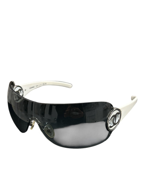 Chanel White and Silver Round Logo Sun Glasses