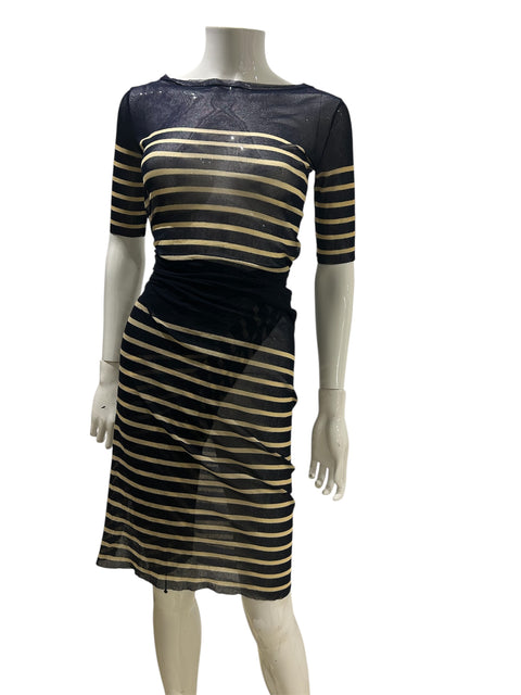 JPG Navy Blue and Beige Stripped Mesh Crossed Long Dress