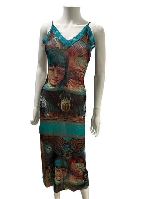 JPG Native Orange and Turquoise Mesh Sleeve Less Dress