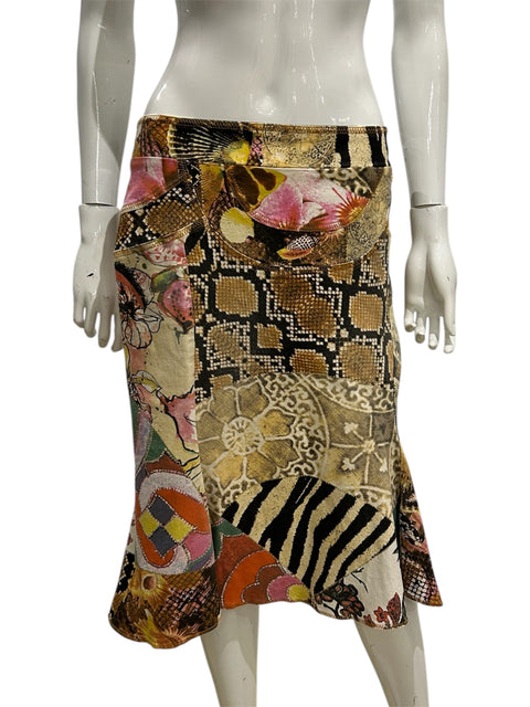 Cavalli Animal and Flowers Mix Pattern Jean Skirt