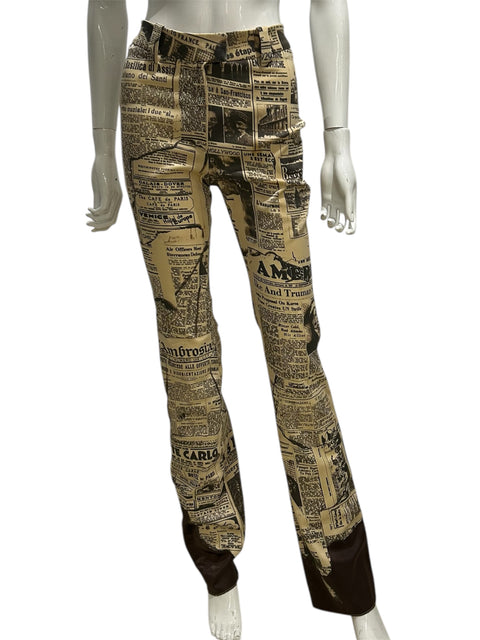 Cavalli Beige and Brown News Paper Printed Fitted Nylon Pant