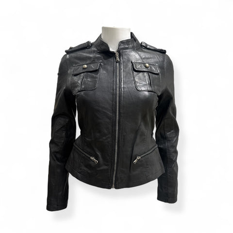 Vintage Cropped Fitted Black Leather Jacket