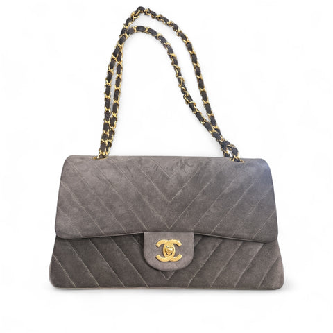 Chanel Grey Suede Chevron Classic Double Flap
