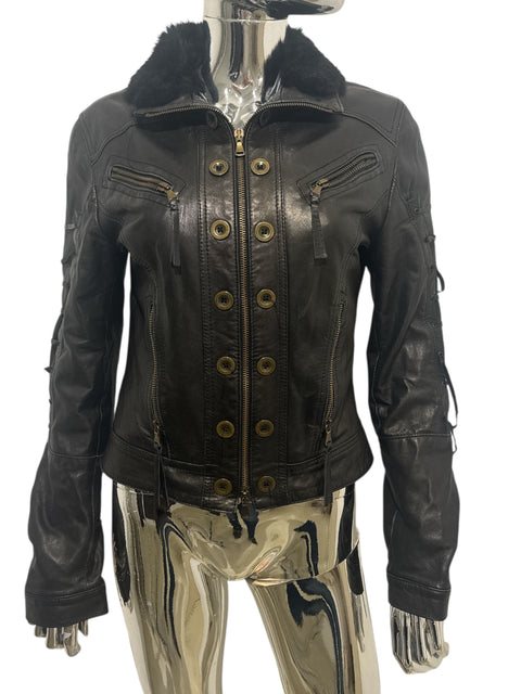 Black Leather Jacket With Lace-Detail Sleeves