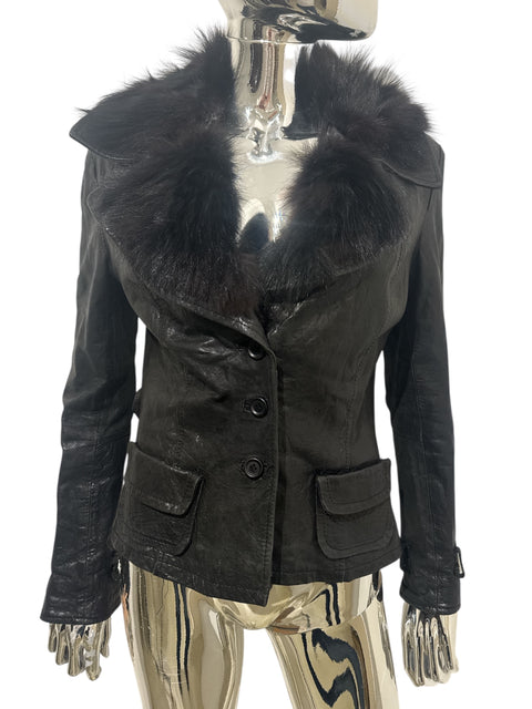 Leather Fur Collar Black Jacket