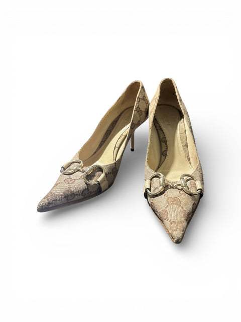 Gucci Horsebit Beige Monogram Heels