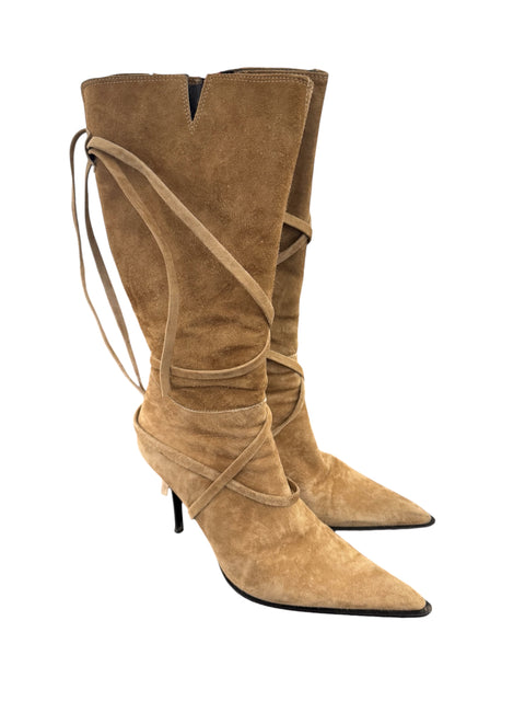 Beige Suede Lace-up Boots