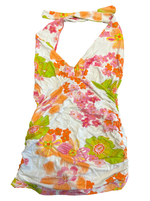 Vintage White Orange Floral Print Backless Top