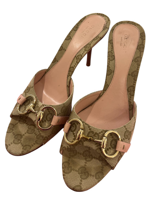 Gucci Pink Beige Canva Monogramme Mules