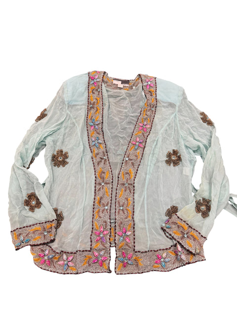 Fayazi Turquoise Silk Embroidery Flower Cardigan