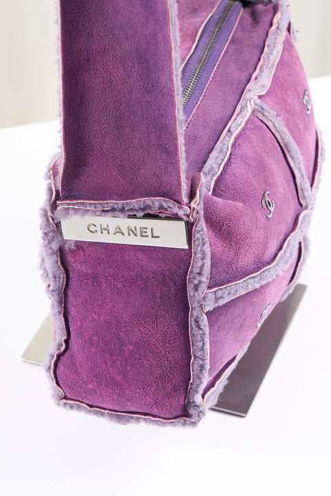 Chanel Shoulder Bag Mouton Purple Silver CC Details