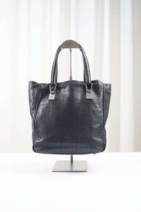 Chanel Choco Bar Hand Bag Leather Black Silver CC