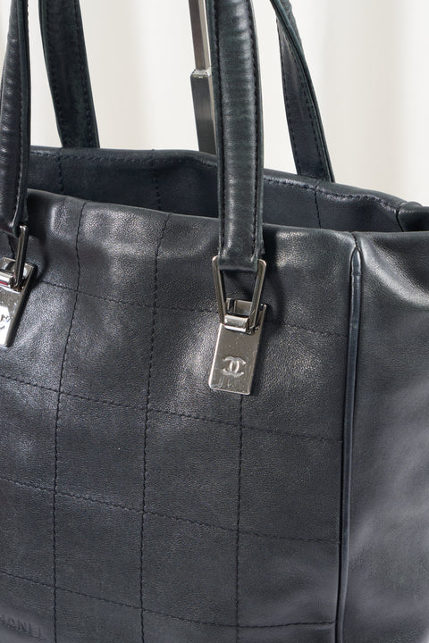 Chanel Choco Bar Hand Bag Leather Black Silver CC