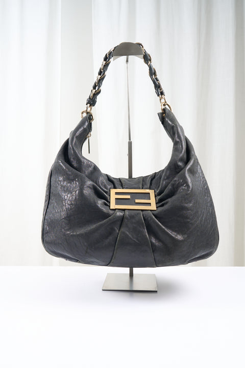 Fendi Black Leather Gold Logo Shoulder Bag