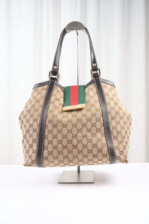 Gucci GG Canvas Tote Bag Beige Gold
