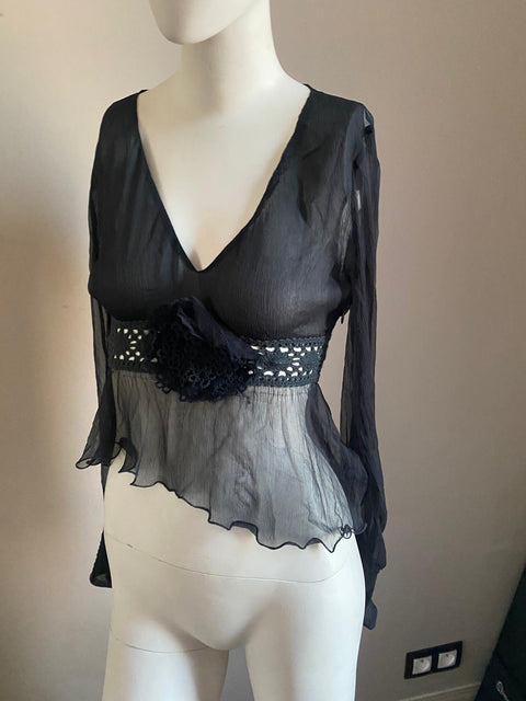 Vintage Mesh Embroidered Black Top