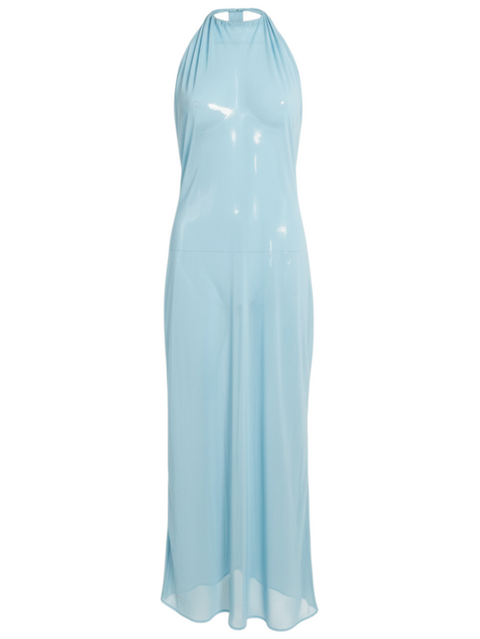 Robe longue Ungaro Sun bleu ciel à dos nu, style estival élégant, disponible chez CHEZ SNOW BUNNY en taille 40 EU