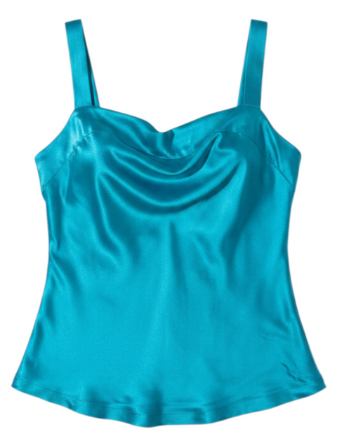 CHEZ SNOW BUNNY Victoria Secret blue silk camisole top with a draped cowl neckline and wide shoulder straps
