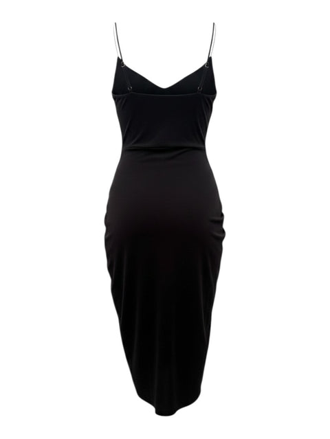 CHEZ SNOW BUNNY TchinTchin Paris black midi dress with spaghetti straps and asymmetrical hemline