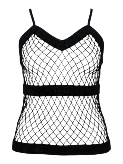 CHEZ SNOW BUNNY Extyn Pear black crochet fishnet camisole top with v-neckline and fitted waistband