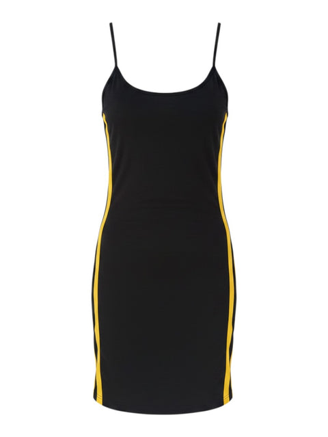 CHEZ SNOW BUNNY Dolce&Gabbana black jersey corset dress with yellow side stripes and thin spaghetti straps