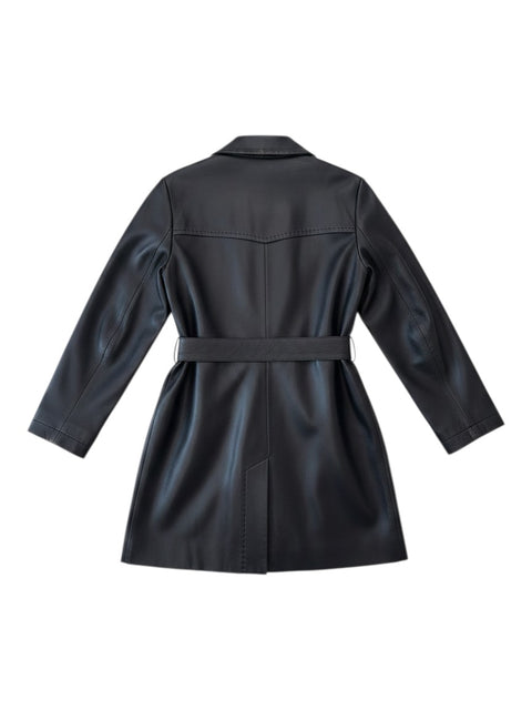 Back view of a black CHEZ SNOW BUNNY Pesci leather coat featuring a waist belt and tailored seam detailing.