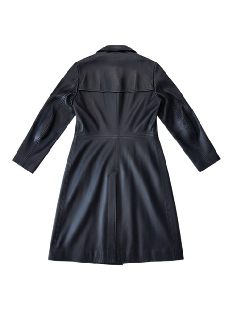 Back view of a black CHEZ SNOW BUNNY Yukalix leather coat featuring a tailored fit and a single back vent.