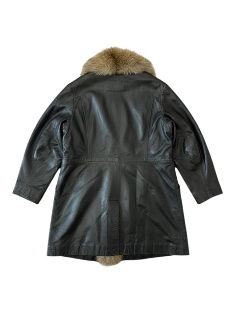 CHEZ SNOW BUNNY black leather coat with a plush fur collar, shown from the back view.