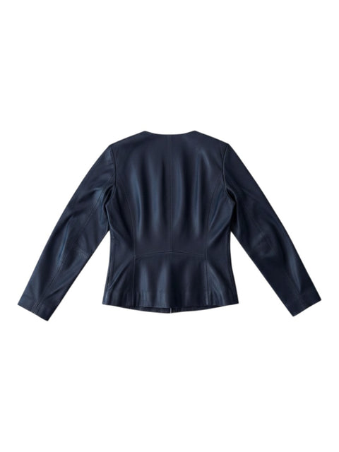 Back view of a CHEZ SNOW BUNNY black leather jacket with a collarless design and tailored fit.