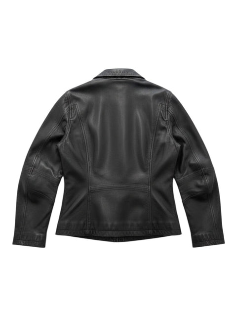 CHEZ SNOW BUNNY black real leather jacket, back view showing tailored seams and classic collar