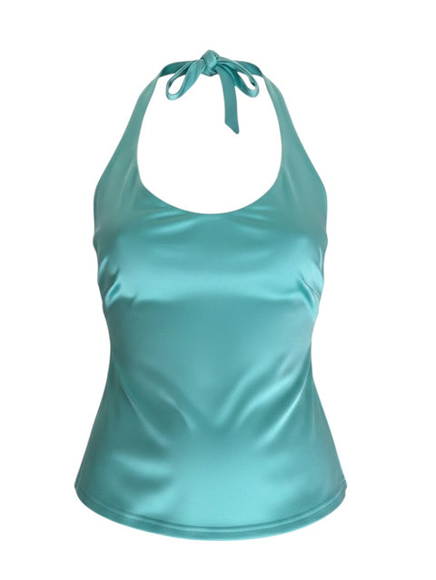 CHEZ SNOW BUNNY SB Victoria blue halter top made in France with a silky finish and tie-neck detail.