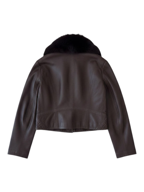 Back view of a brown Coconuda leather jacket with a dark fur collar from CHEZ SNOW BUNNY
