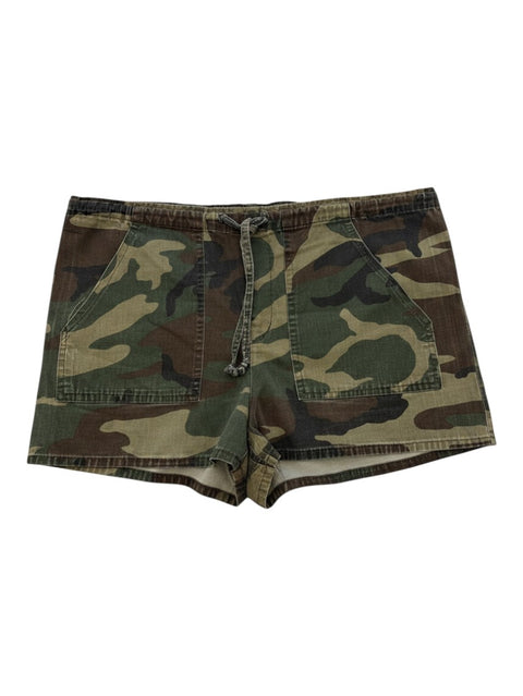CHEZ SNOW BUNNY camouflage denim shorts with a drawstring waist and two front patch pockets