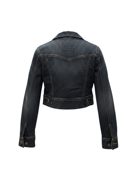 Back view of a CHEZ SNOW BUNNY United Colors Of Benetton dark wash denim cropped jacket with buttoned cuffs