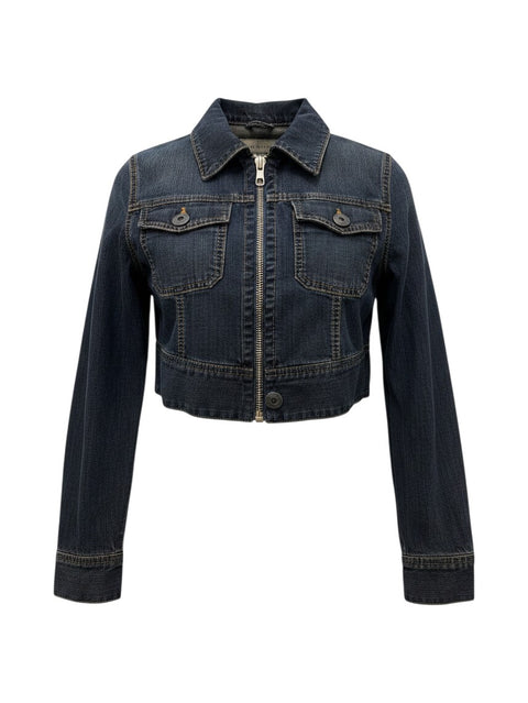 CHEZ SNOW BUNNY United Colors Of Benetton dark wash denim cropped jacket with a front zipper and two chest pockets.