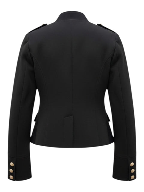 Back view of a black CHEZ SNOW BUNNY Denny Rose Napoleon jacket featuring gold button cuffs and structured tailoring.