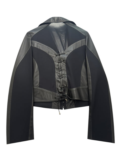 CHEZ SNOW BUNNY black leather and mesh jacket featuring a lace-up back detail and structured panels