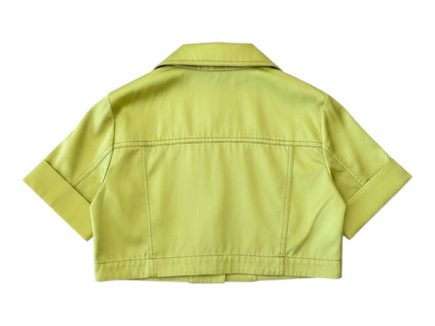 Back view of a lime green CHEZ SNOW BUNNY Pinko bolero jacket with short sleeves and a classic collar