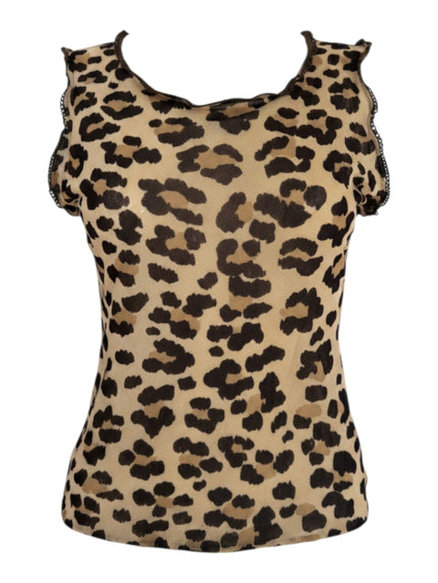 CHEZ SNOW BUNNY Moschino Jeans sleeveless top featuring a brown and black cheetah animal print with ruffled trim
