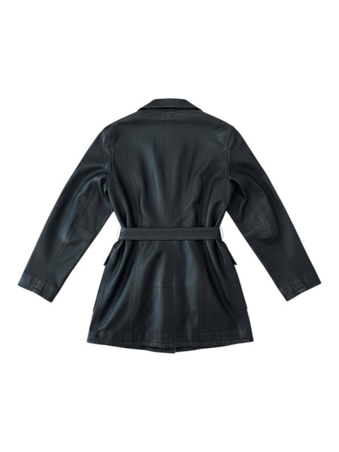Back view of a black Pellitalia leather coat with a belted waist from CHEZ SNOW BUNNY