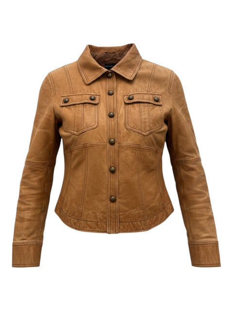 CHEZ SNOW BUNNY PennyBlack brown leather jacket with button-up front, collar, and two chest pockets.