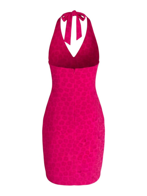 CHEZ SNOW BUNNY pink floral halter neck mini swimwear dress with back tie closure