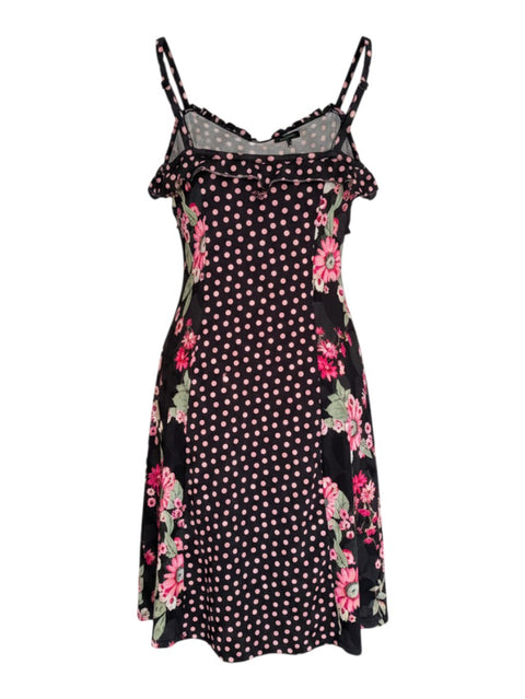 CHEZ SNOW BUNNY black beachwear dress featuring pink polka dots and floral print with ruffled spaghetti straps