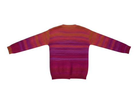 CHEZ SNOW BUNNY United Colors of Benetton rainbow striped knit cardigan in vibrant pink, orange, and purple hues
