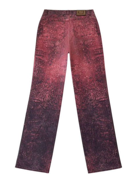 CHEZ SNOW BUNNY Cavalli jeans in a deep red mosaic print with a back leather logo patch and straight leg fit.